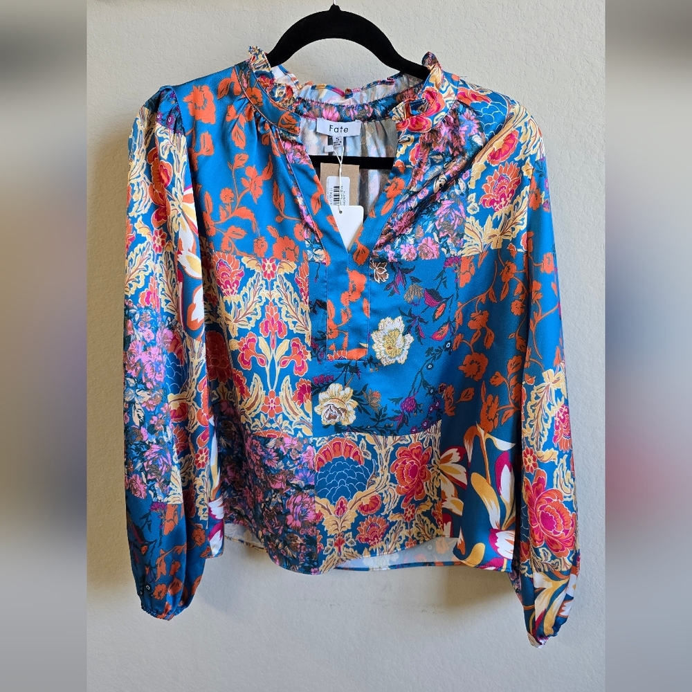 Fate Women's Floral Blue and Orange Top